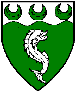 Arms of Dorcas Whitecap; Vert, a dolphin haurient contourny and on a chief wavy argent, three crescents vert