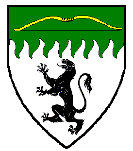 Arms of Janos Katona: Argent, an ounce rampant sable and on a chief rayonny vert a bow Or