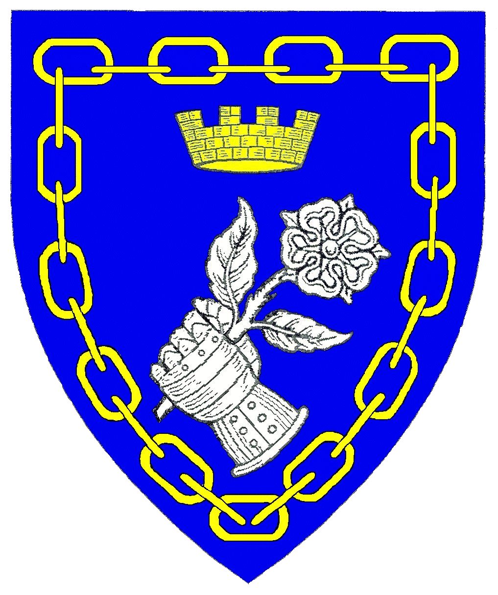 Device of Steffen Albert Rheinbauer; Azure, a sinister gauntlet clenched aversant bendwise sustaining a rose slipped and leaved bendwise sinister argent, in chief a mural coronet, all within an orle of chain Or.