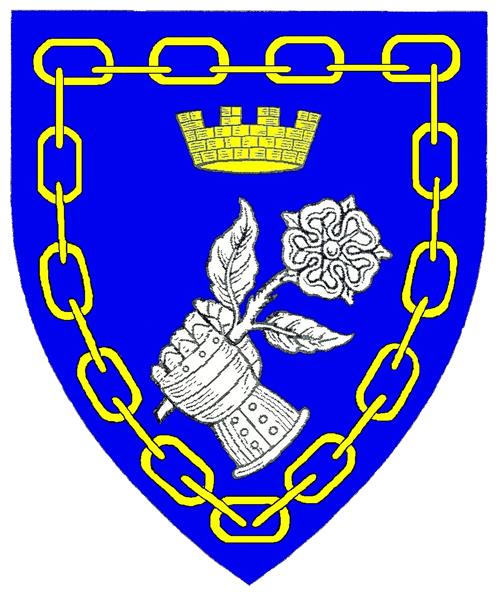 Azure, a sinister gauntlet clenched aversant bendwise sustaining a rose slipped and leaved bendwise sinister argent, in chief a mural coronet, all within an orle of chain Or. Device of Steffen Albert Rheinbauer; Azure, a sinister gauntlet clenched aversant bendwise sustaining a rose slipped and leaved bendwise sinister argent, in chief a mural coronet, all within an orle of chain Or.