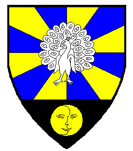 Gyronny of twelve Or and azure, a peacock in his pride argent and on a base sable a moon in her plenitude Or