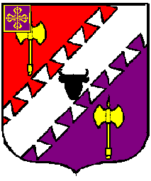 Arms of Andrixos Seljukroctonis; Per bend sinister gules and purpure, on a bend sinister dovetailed argent between two double-bitted axes Or a bull's head caboshed palewise sable