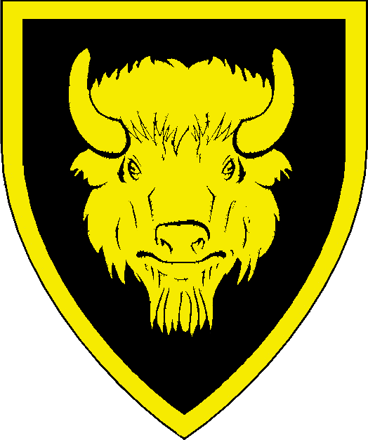 Arms of Chidiock the Younger:  Sable, a bison's head cabossed within a bordure Or image from Calontir College of Heralds