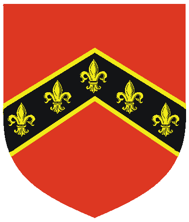 Arms of Elaisse de Garrigues; Gules, on a chevron sable fimbriated five fleurs-de-lys palewise Or.