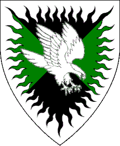 Arms of Mkty Nakhthor; Per saltire sable and vert, a falcon striking to sinister and a bordure rayonny argent.