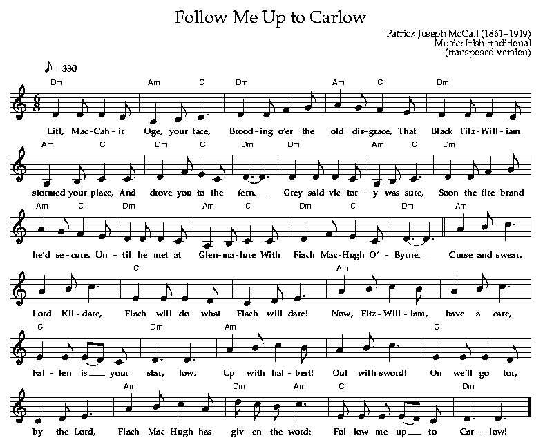 Follow Me Up to Carlow (transposed), by Patrick Joseph McCall (1861-1919), Music traditional