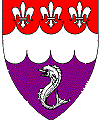 
Per fess gules and purpure, a fess engrailed on the upper edge and invected on the lower edge between three fleurs-de-lys and a dolphin haurient argent.