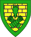 Or masoned purpure, in pale a horse's head cabossed and a pair of gauntlets clenched in saltire, a bordure vert.