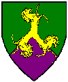 Per chevron vert and purpure, three demi-horses contourny conjoined in pall inverted Or.
