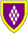 Purpure, nine lozenges one, two, three, two, and one argent within a bordure Or.
