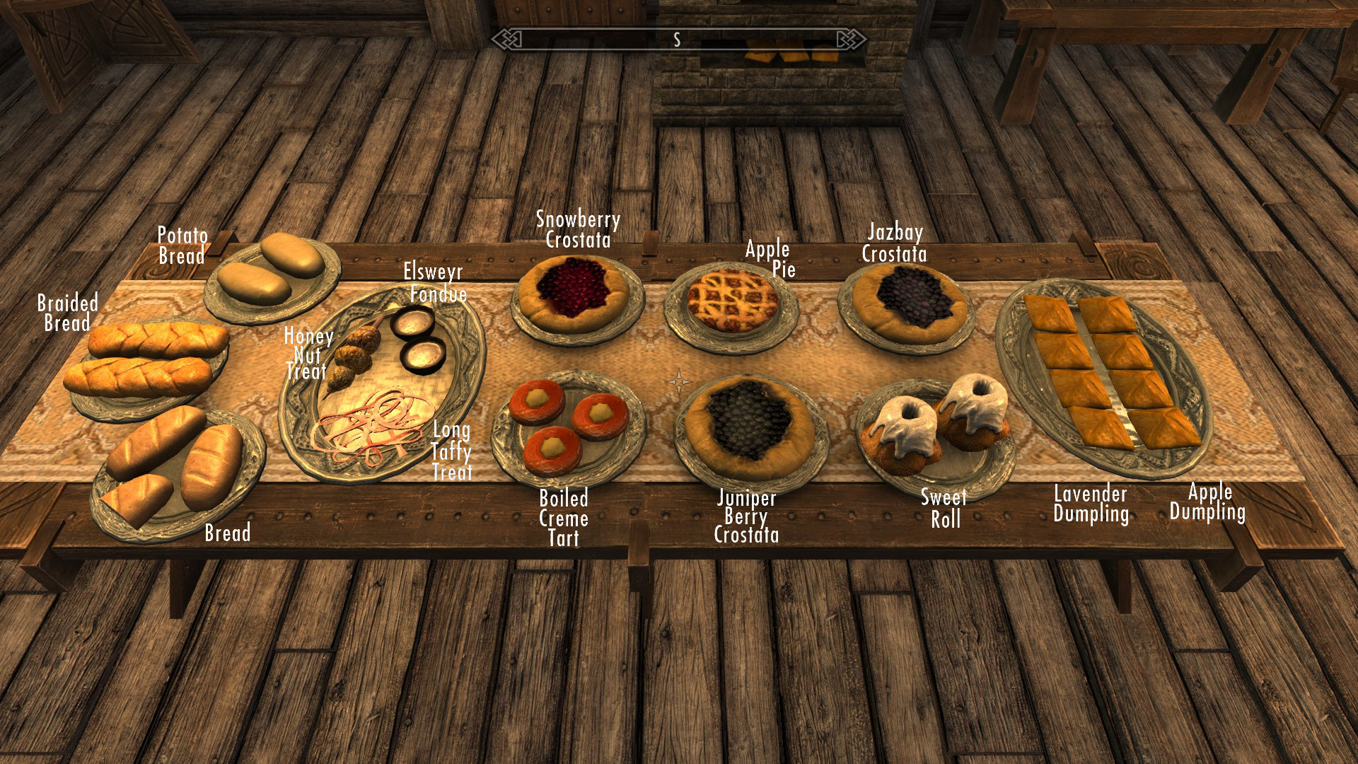 Braided Bread - Potato Bread - Bread - Honey Nut Treat - Elsweyr Fondue - Long Taffy Treat - Snowberry Crostata - Apple Pie - Jazbay Crostata - Boiled Creme Tart - Junper Berry Crostata Sweet Roll - Lavendar Dumpling - Apple Dumpling