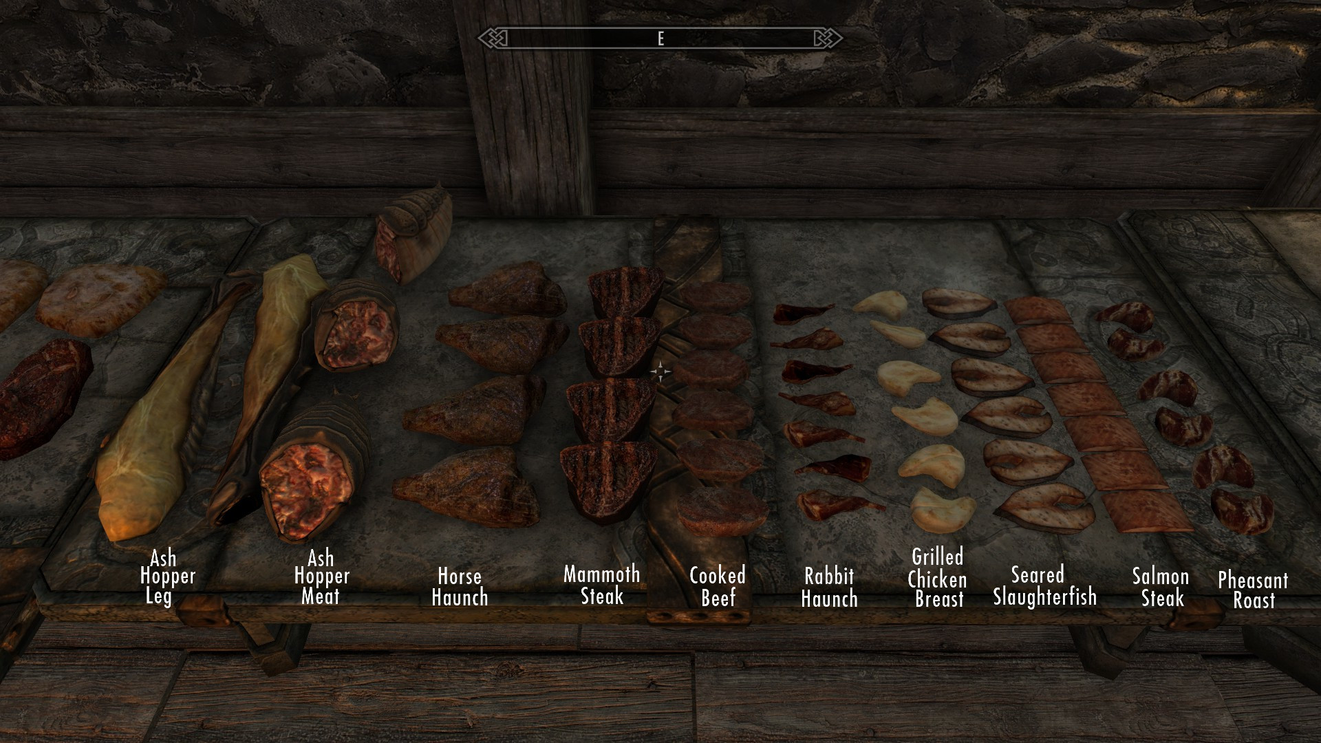 Ash Hopper Leg - Ash Hopper Meat - Horse Haunch - Mammoth Steak - Cooked Beef - Rabbit Haunch - Grilled Chicken Breast - Seared Slaughterfish - Salmon Steak - Pheasant Roast