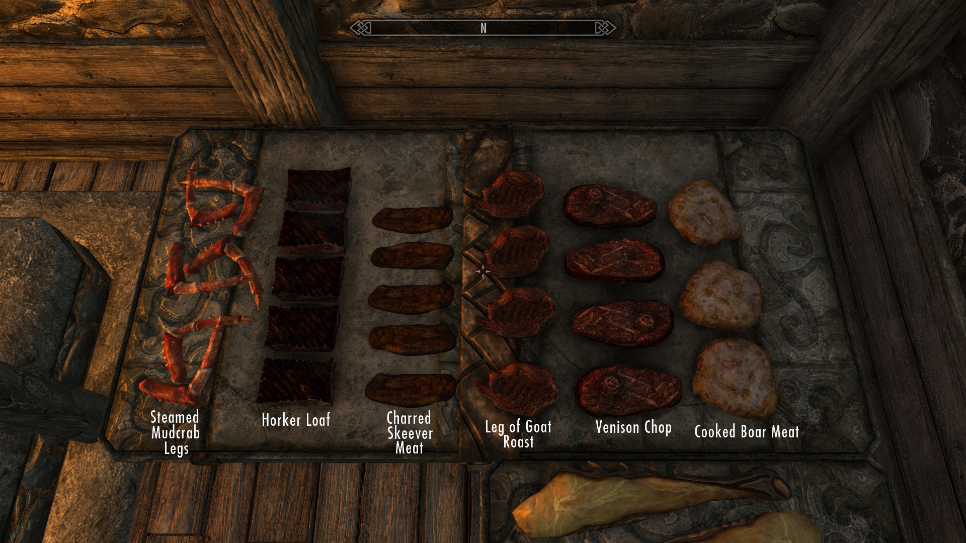 Steamed Mudcrab Legs - Horker Loaf - Charred Skeever Meat - Leg of Goat Roast - Venison Chop - Cooked Boar Meat