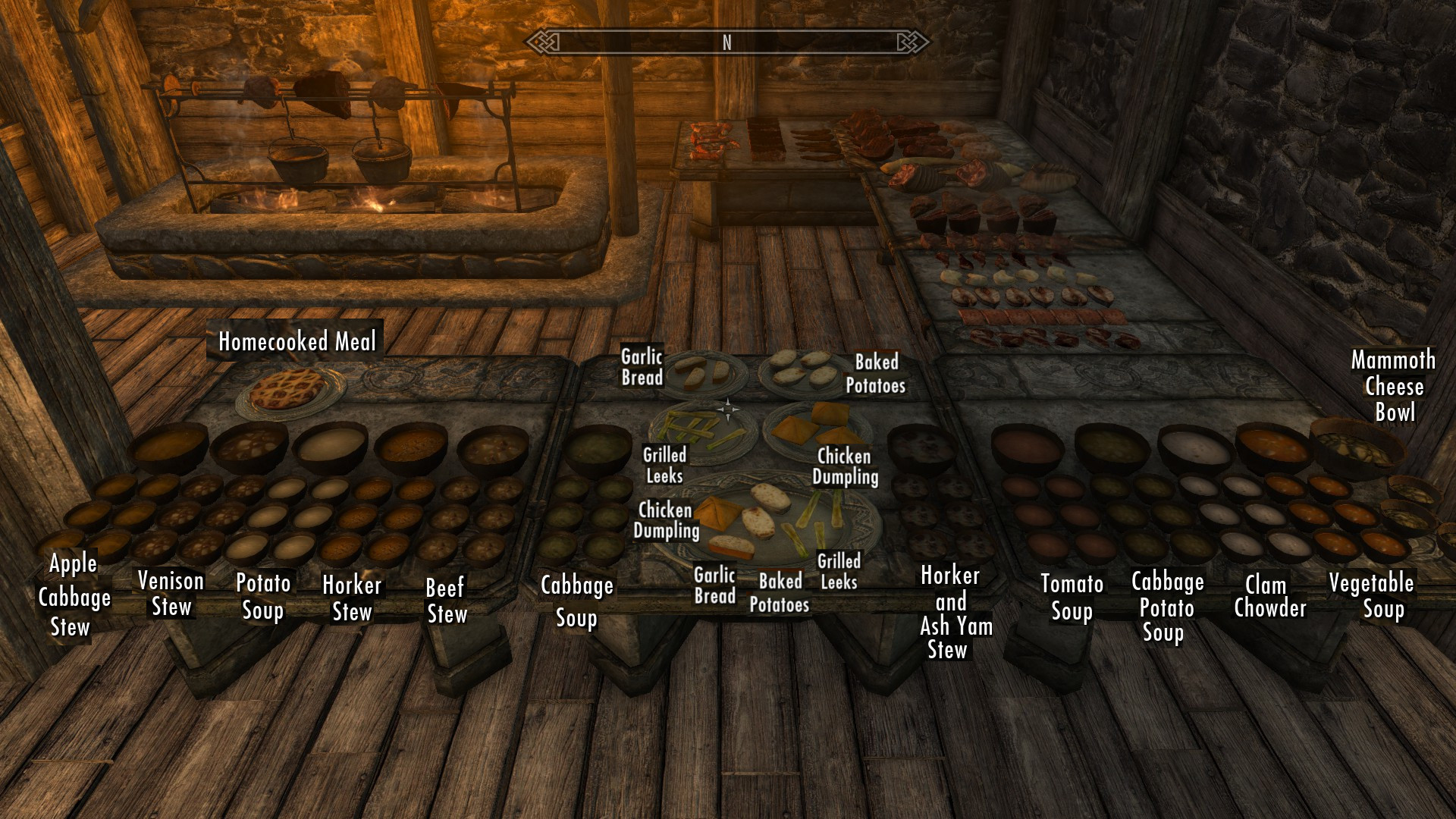 Homecooked Meal - Apple Cabbage Stew - Venison Stew - Potato Soup - Horker Stew - Beef Stew - Cabbage Soup - Garlic Bread - Baked Potatoes - Grilled Leeks - Chicken Dumpling - Garlic Bread - Horker and Ash Yam Stew - Tomato Soup - Cabbage Potato Soup - Clam Chowder - Vegetable Soup - Mammoth Cheese Bowl